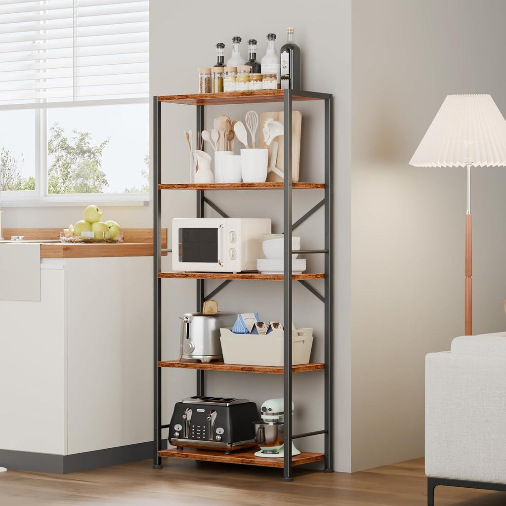 Furologee 5 Tier Book Shelf Set of 2, Tall Wide Bookshelf, Rustic Brown