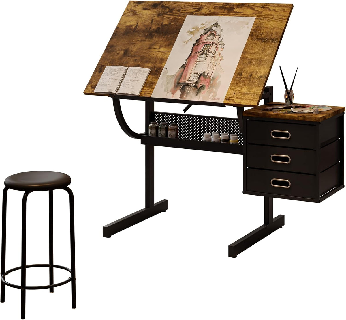 Montary Adjustable-Height Drafting Table with Stool Set - Professional Tilting Art Desk for Drawing, Crafting & Design, Featuring 3 Storage Drawers & Ergonomic Workstation (Rustic Brown)