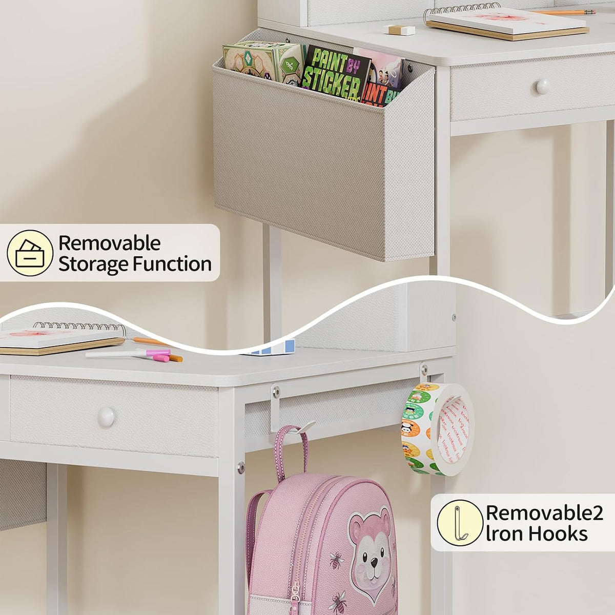 Kids Desk and Chair Set with 5 Fabrics Drawers, Ages 5-8, White