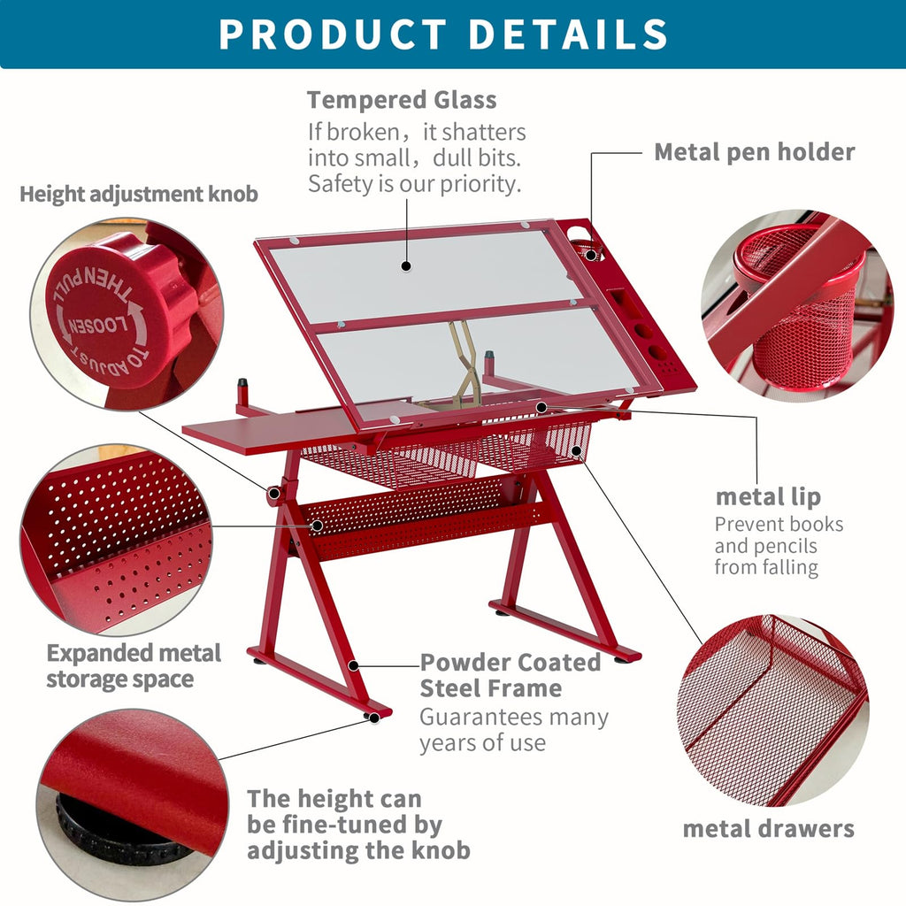 Drafting Table for Artists, Glass Drawing Table with Stool,T1-Black