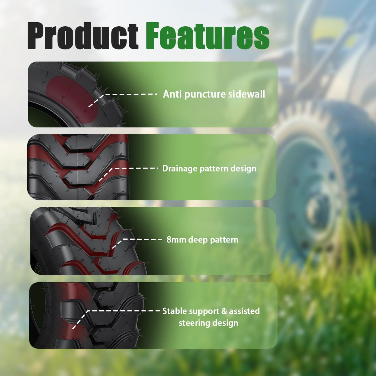 TRIPOWER 24x9.50-12 Lawn Mower Tire, 1 Pack Single Replacement Tire, 4PR Tubeless Turf Tire for Riding Mowers and Garden Tractors, Tire Only, Rim Not Included