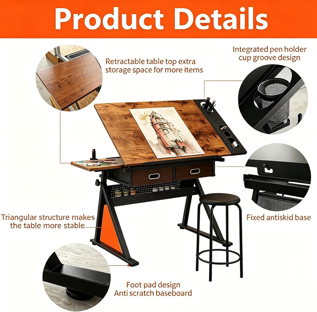 Height Adjustable Tilt Drafting Table with 2 Storage Drawers & Stool Brown