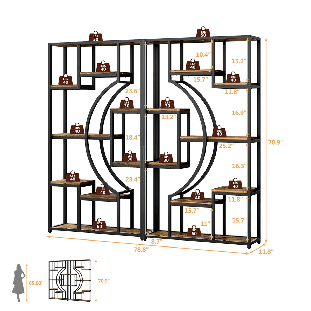 LGHM Industrial 5-Tier Bookshelf with Storage, 70.9 Inch Tall Large Display Bookcase - Modern Metal Standing Shelves for Living Room, Office and Bedroom, Set of 2, Greige