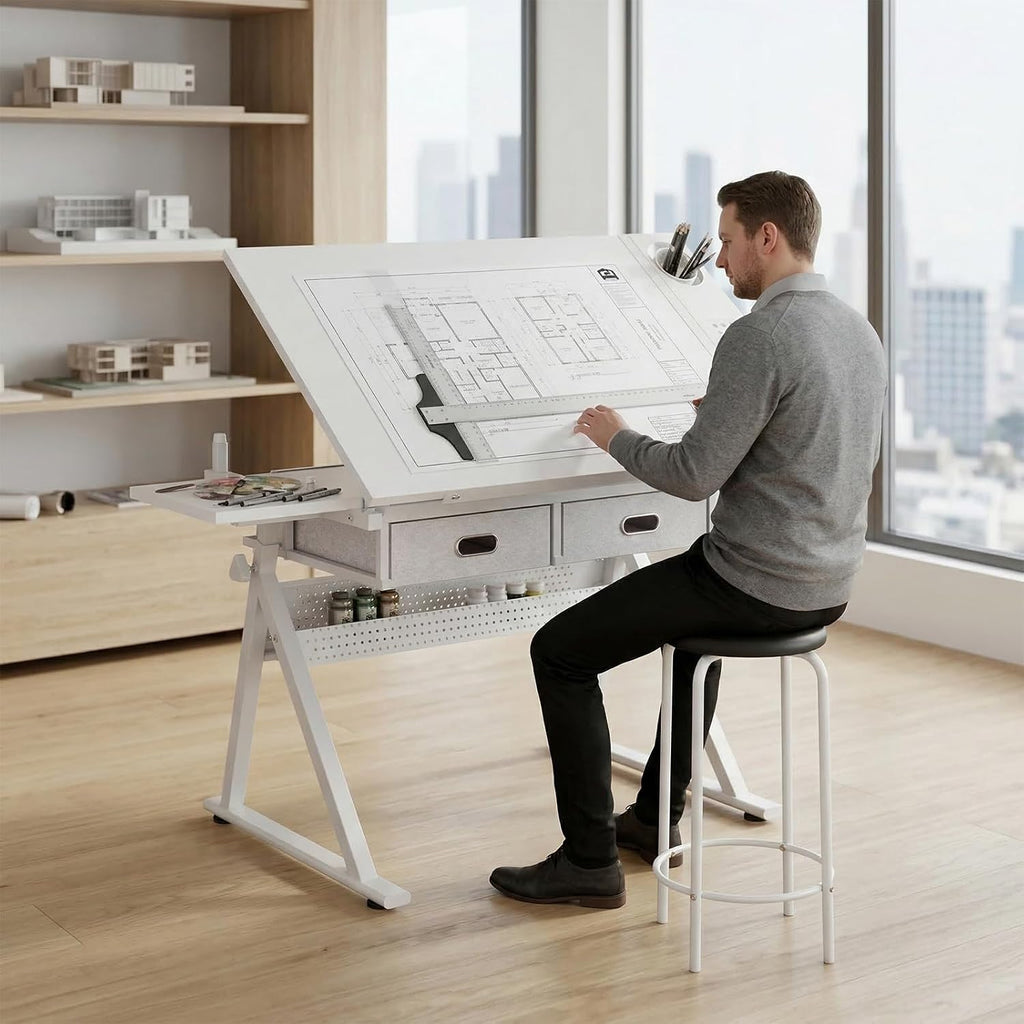 Drafting Table and Stool Set for Adults/Artists, Drawing Table with Adjustable Tabletop and Height, Art Workstation for Painters Crafting Reading Writing Home Office, All White