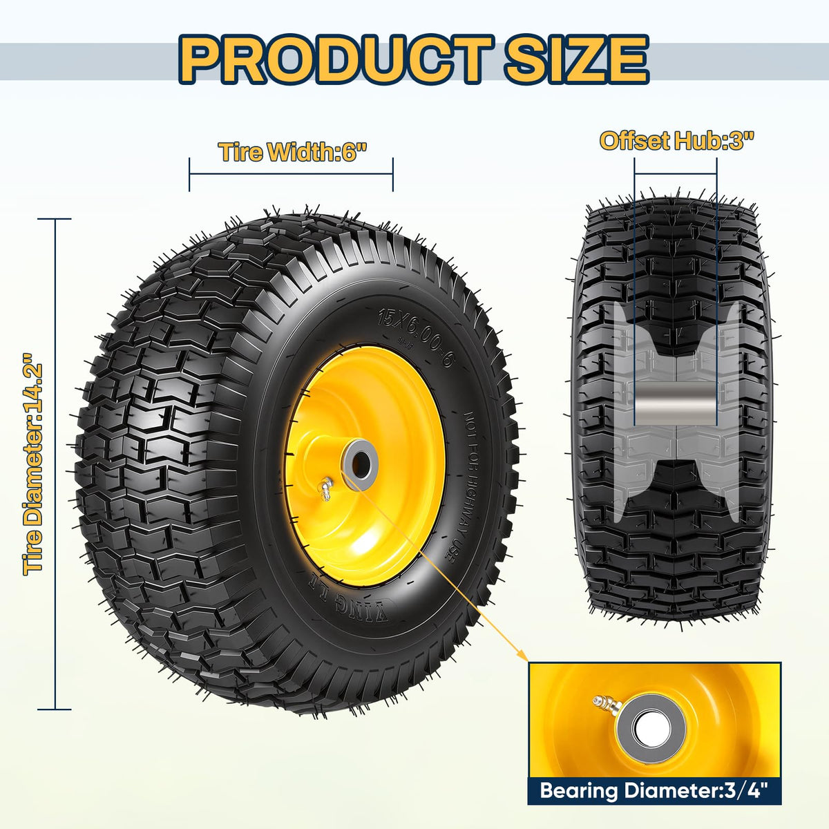 15x6.00-6 Flat Free Lawn Mower Tire and Wheel, 15x6-6 Front Tire Assembly