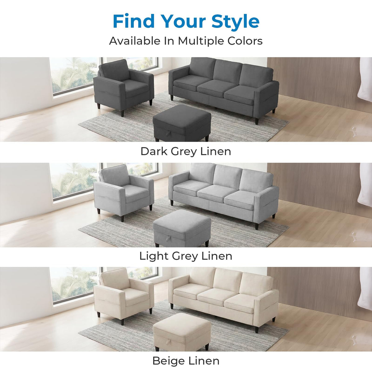 Mjkone 78"W 3 Pieces Sofa Couches Set for Living Room Sets Furniture, Sectional L Shaped 3-Seater Small Sofas Couch and Loveseat Sets with Storage Ottoman and Side Pockets for Home Office, Light Gray