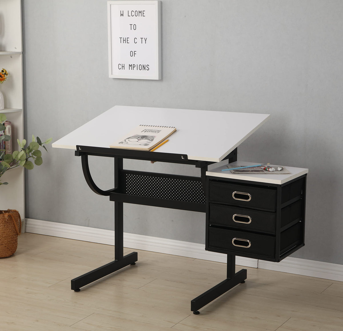 Drafting Table, Drawing Desk for Artists Adults Architect, Art Desk with Stool and 3 Non-Woven Storage Drawers, Height Adjustable Tilted Tabletop, Painting Studio Design Work Station, Rustic Brown
