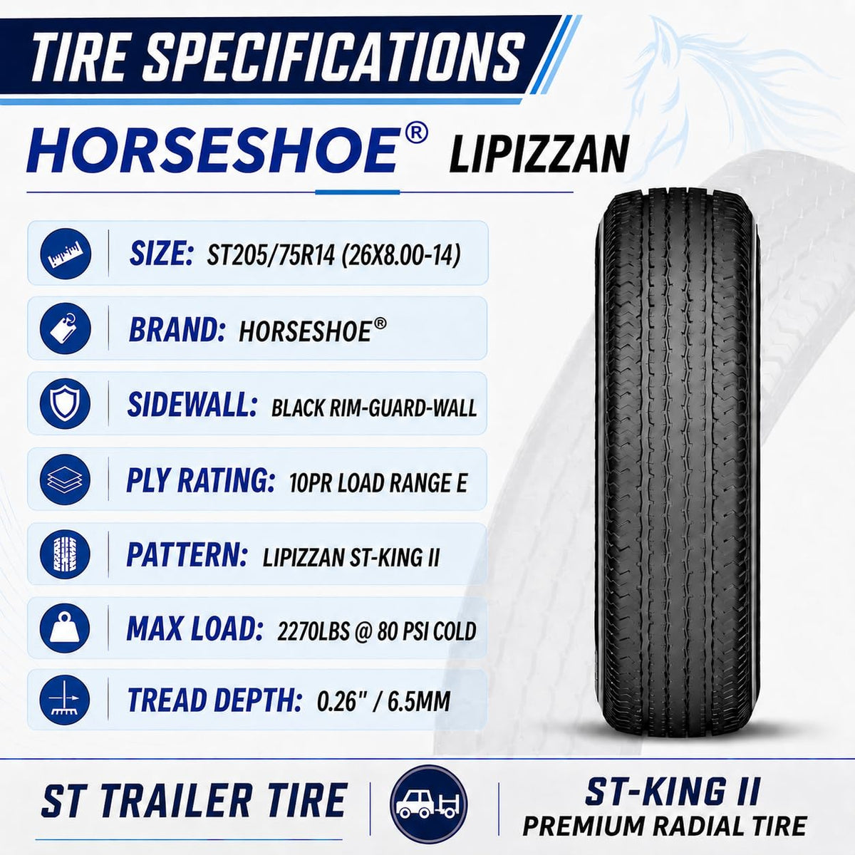 HORSESHOE LIPIZZAN 4 New ST225/75R15 12PR ST-KING II Steel Belted Radial LRF Super Heavy Duty Premium Trailer Tires w/Featured Rim-Guard-Wall 120/115M 81mph BSW 225 7515 A/T A/S (4, ST 225/75R15 12PR)