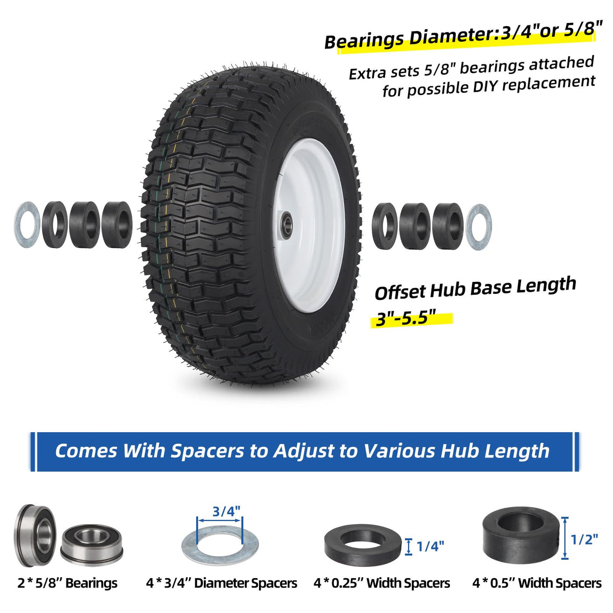 GICOOL 20x8.00-8 Lawn Mower Tire and Wheel, 4 Ply Tubeless Tire, 20x8-8nhs Riding Lawn Mower and Tractor Rear Tire and Wheel Assemblies, 3.5" Offset Hub, 3/4" Borehole, and 3/16" Keyway