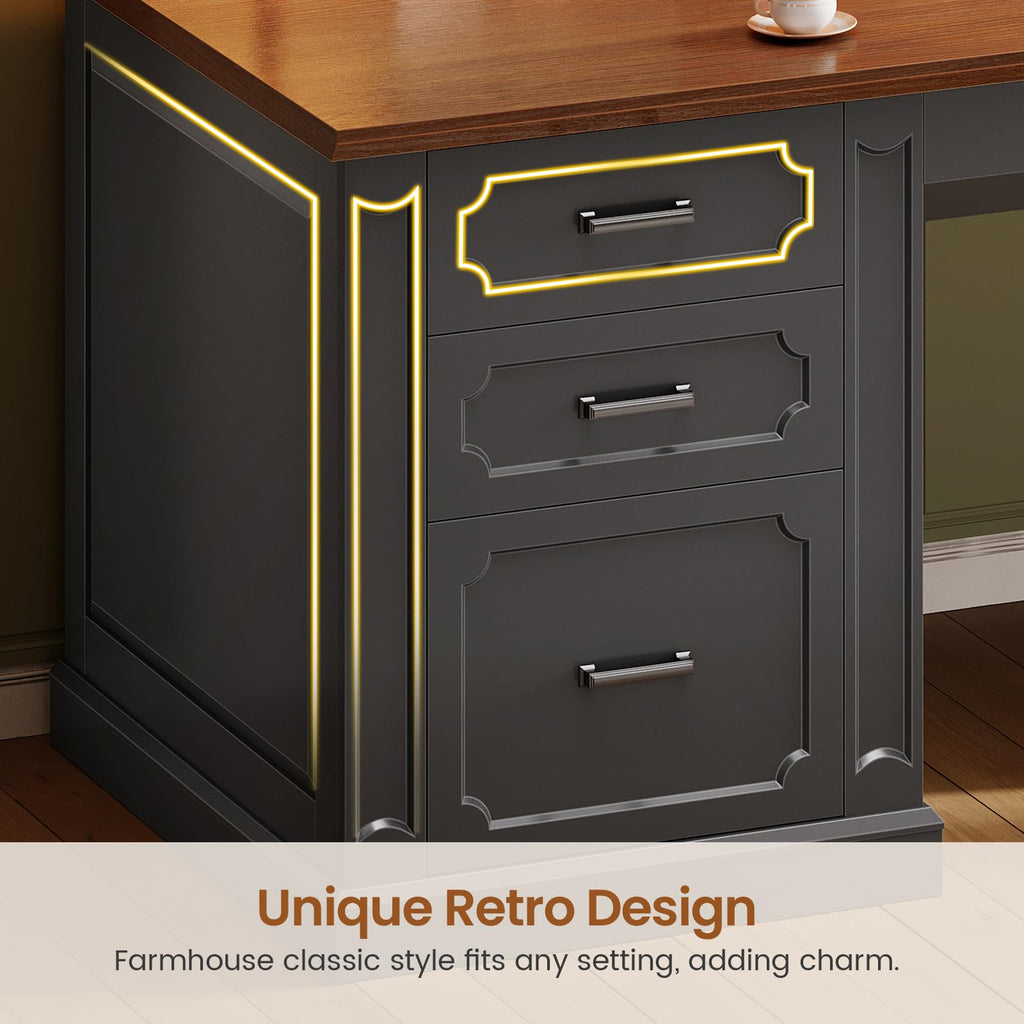 SEDETA Farmhouse 70.9" Executive Desk, Home Office Desk with File Drawers and Storage Cabinet, Computer Desk with Power Outlet for Home Office, Work Study Writing, Black+Brown