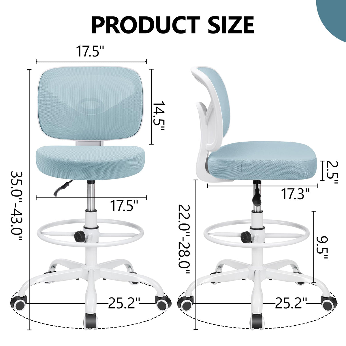 Primy Tall Drafting Desk Chair - Armless, Adjustable Height, Mesh Back, Rolling, Standing Desk Chair for Art Room, Office or Home (Black)