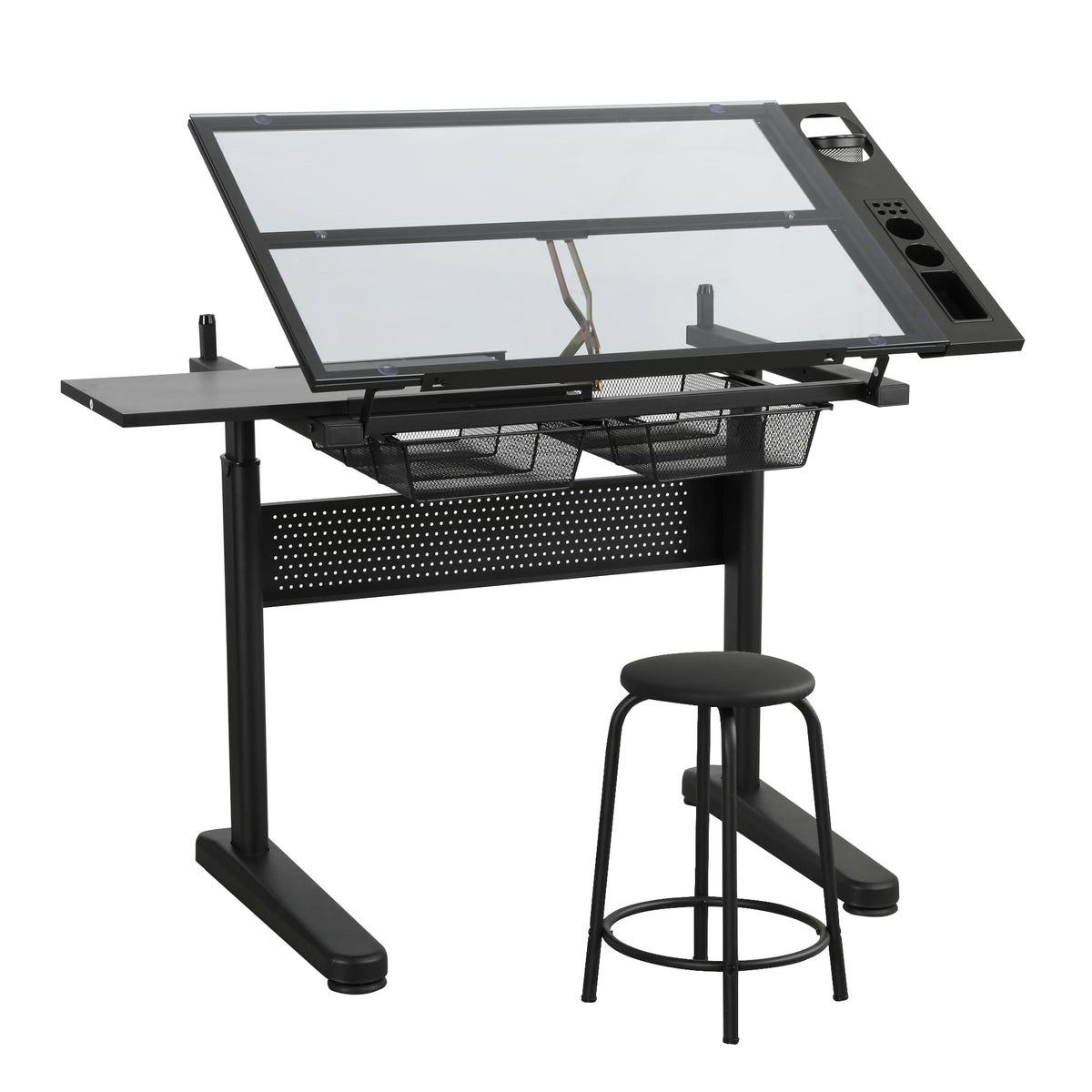 Drafting Table with Storage and Stool, Glass Art Desk for Adults Adjustable Height with 2 Metal Drawers, Craft Drawing Table Artist Desk with Extra Desktop for Reading/Writing/Studying (Black)