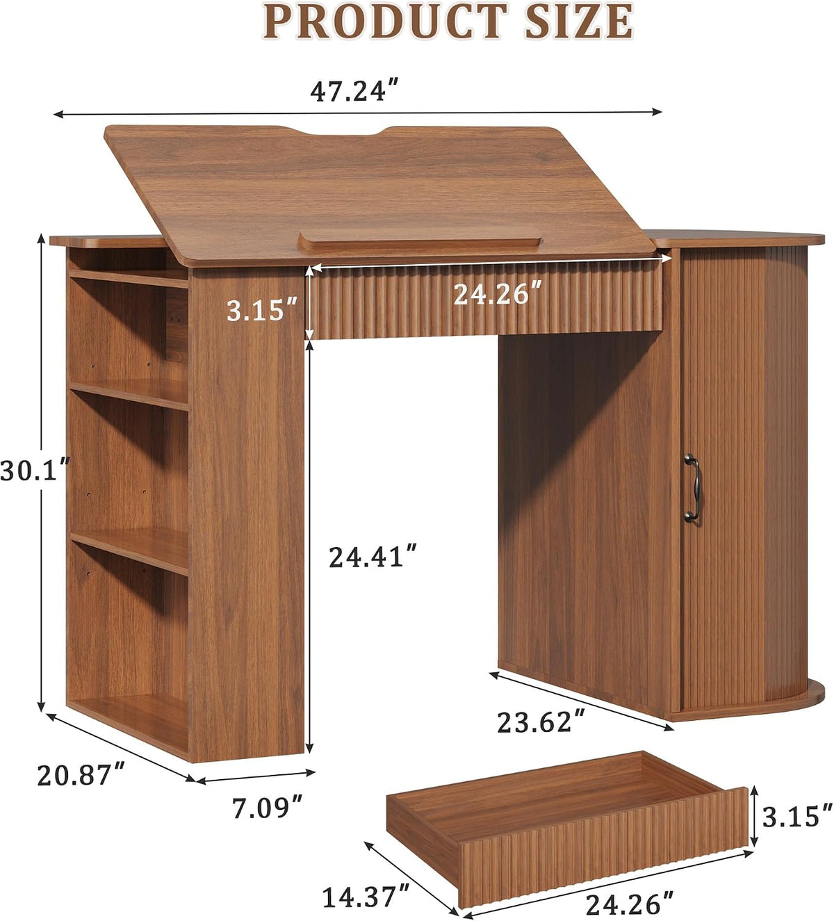 Fluted Drafting Table with Storage, Adjustable Drawing Desk (Walnut)
