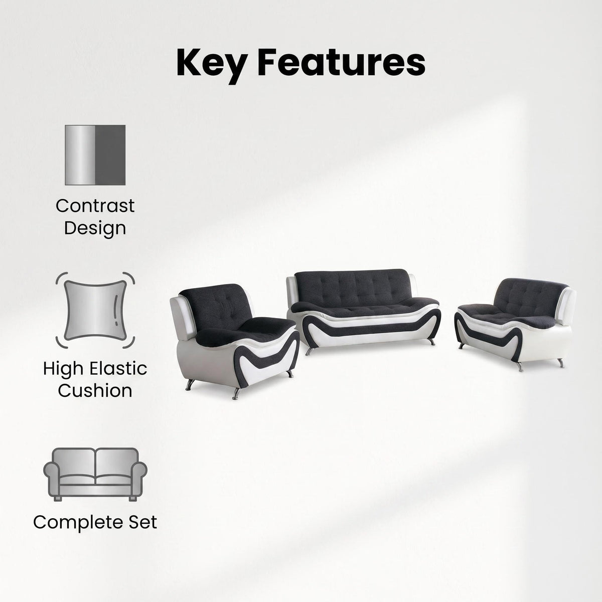 Modern Faux Leather Sofa Set â 3-Piece Living Room Couch with Chrome Legs & Padded Armrests â Includes 1-Seater, 2-Seater & 3-Seater â Contemporary Lounge Furniture for Home & Office (Brown)