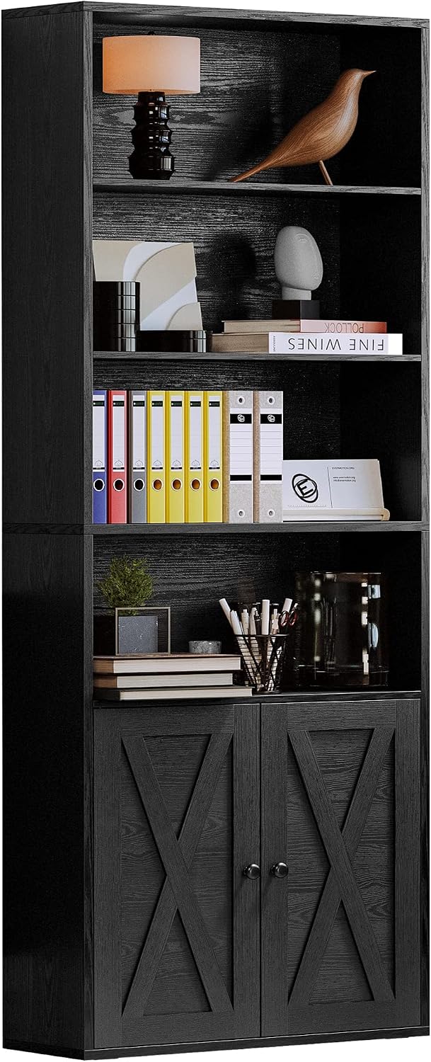 IRONCK Industrial Bookshelves and Bookcases with Doors Floor Standing 6 Shelf Display Storage Shelves 70 in Tall Bookcase for Home Office, Living Room