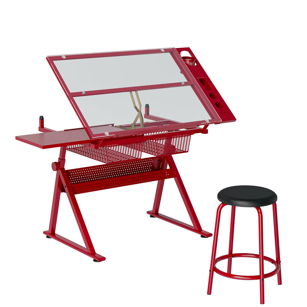 White Drafting Table with Stool Height Adjustable Art Craft Desk with Storage, Tilting Tempered Glass Tabletop, Expansion Board, Drawing Table for Home Office, Artists, Painters