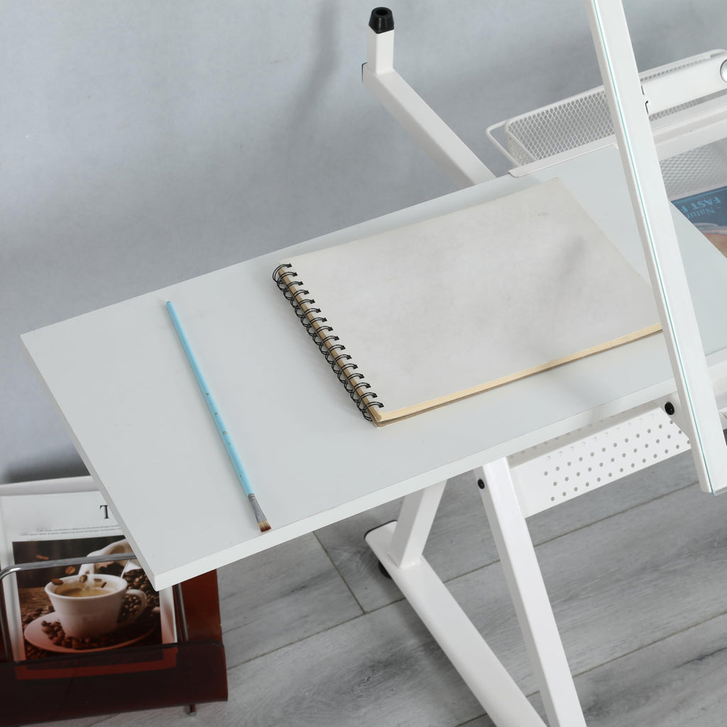 Adjustable Drafting Table with Stool, 0-75Â° Tilting Art Desk, White