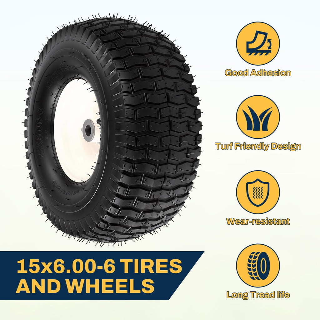 15x6.00-6 Flat Free Lawn Mower Tire and Wheel, 15x6-6 Front Tire Assembly