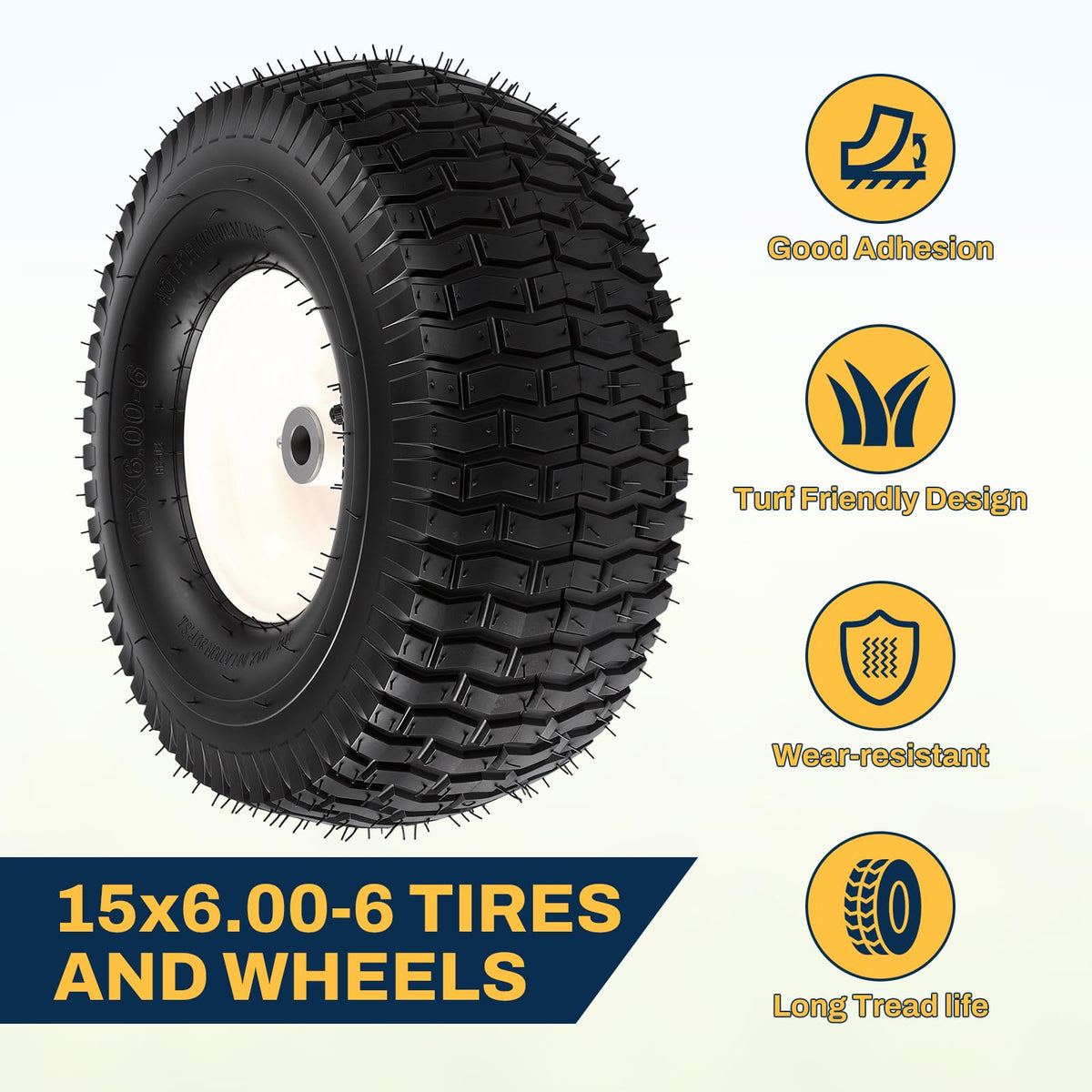 15x6.00-6 Flat Free Lawn Mower Tire and Wheel, 15x6-6 Front Tire Assembly