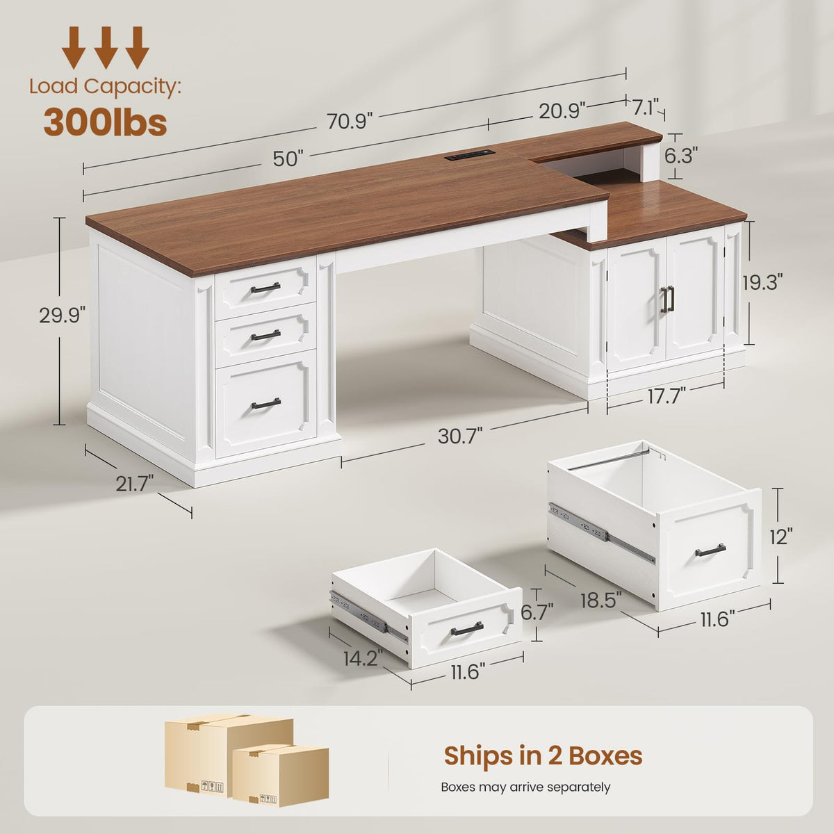 SEDETA Farmhouse 70.9" Executive Desk, Home Office Desk with File Drawers and Storage Cabinet, Computer Desk with Power Outlet for Home Office, Work Study Writing, Black+Brown