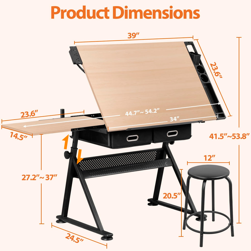 SUPER DEAL Drafting Table Set with Charging Station, Height Adjustable Tilting Drawing Desk Artist Desk with Stool Multifunctional Art Craft Workstation with 2 Storage Drawers for Home Office School