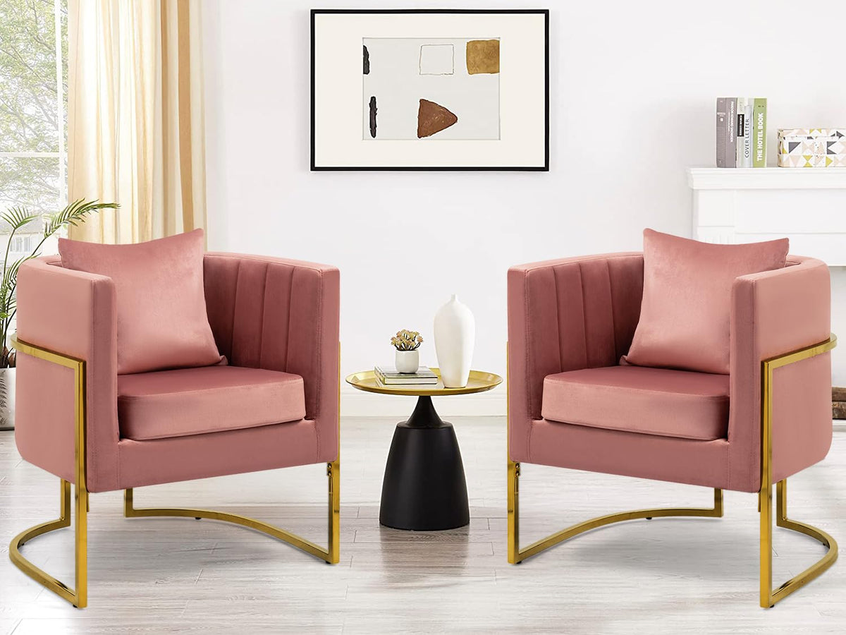 Velvet Accent Barrel Chairs Set of 2, Modern Arm Club Chair Set with Pillow for Living Room/Bedroom/Guest Reception, Channel Tufted, Gold Finish Base, Orange