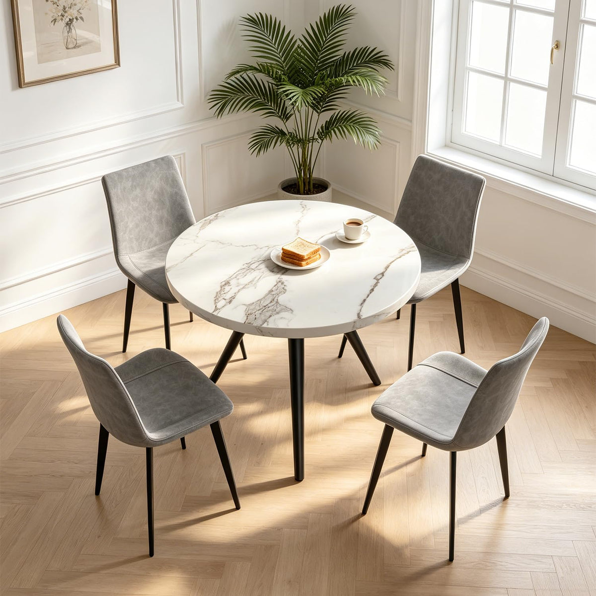 34.6" Round Dining Table Set for 4, Modern Kitchen Coffee Table Set, Walnut