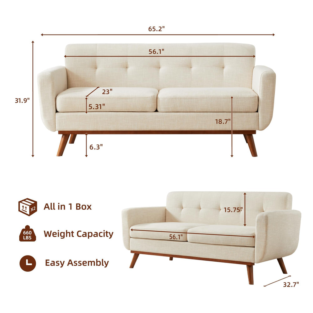 Kingfun 2 Piece Loveseat and Sofa Sets, Mid Century Modern Love Seat Couches for Living Room, Button Tufted Upholstered Furniture, Small Couch for Bedroom, Office, Beige