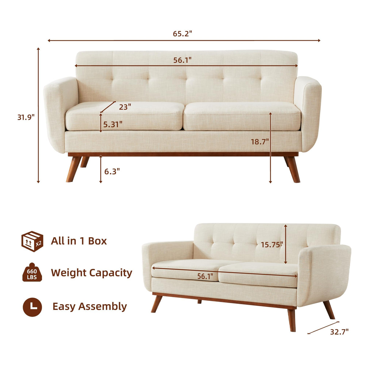 Kingfun 2 Piece Loveseat and Sofa Sets, Mid Century Modern Love Seat Couches for Living Room, Button Tufted Upholstered Furniture, Small Couch for Bedroom, Office, Beige