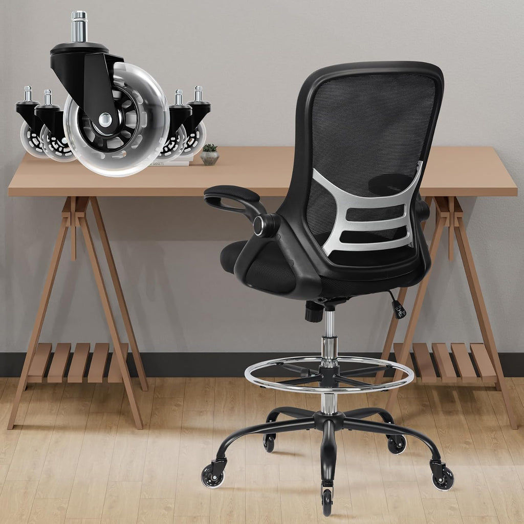 HYLONE Drafting Chair Adjustable, Tall Office Chair Lumbar Support Ergonomic Standing Desk Chair Heavy Duty Tall Drafting Stool for Artists with Footrest Home Office Drafting Stool