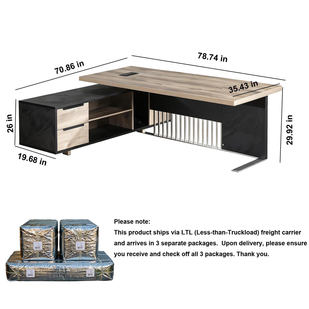 78.7 Inch Large Executive Desk with Drawers Cabinet, L Shaped Office Desk, Computer Desk with Universal Charging Ports and Cable Management for Business Furniture Set Workstation for Home Office