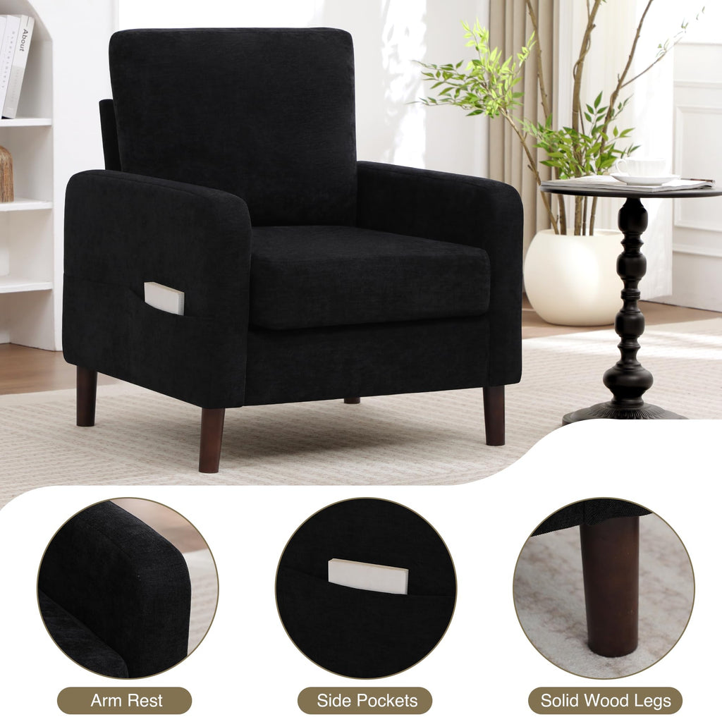 Accent Chair Set of 2, Upholstered Living Room Chairs with Wood Legs and Side Pockets, Modern Reading Chair for Bedroom, Armchair Single Sofa Side Chair for Office, Small Room, Dark Grey