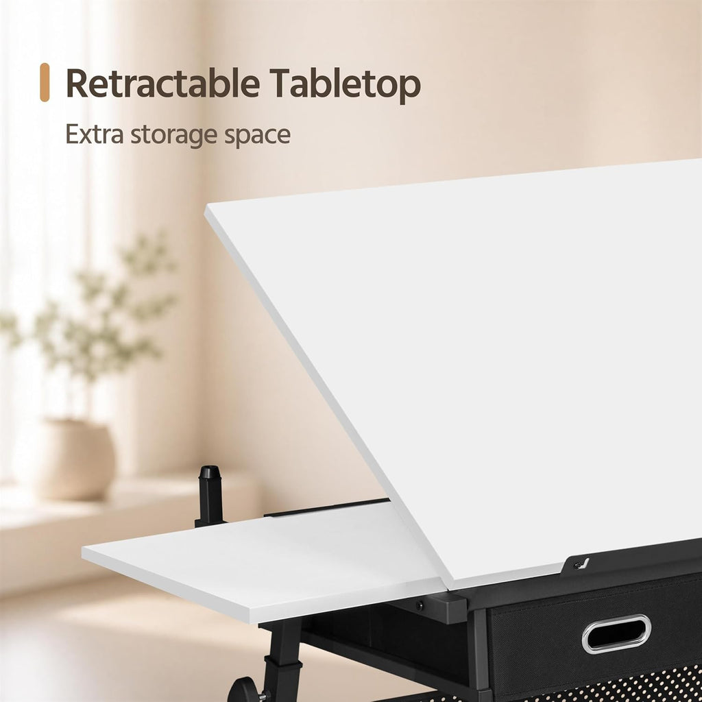 Yaheetech Adjustable Drafting Table Art Desk,Storage Drawers & Stool,White