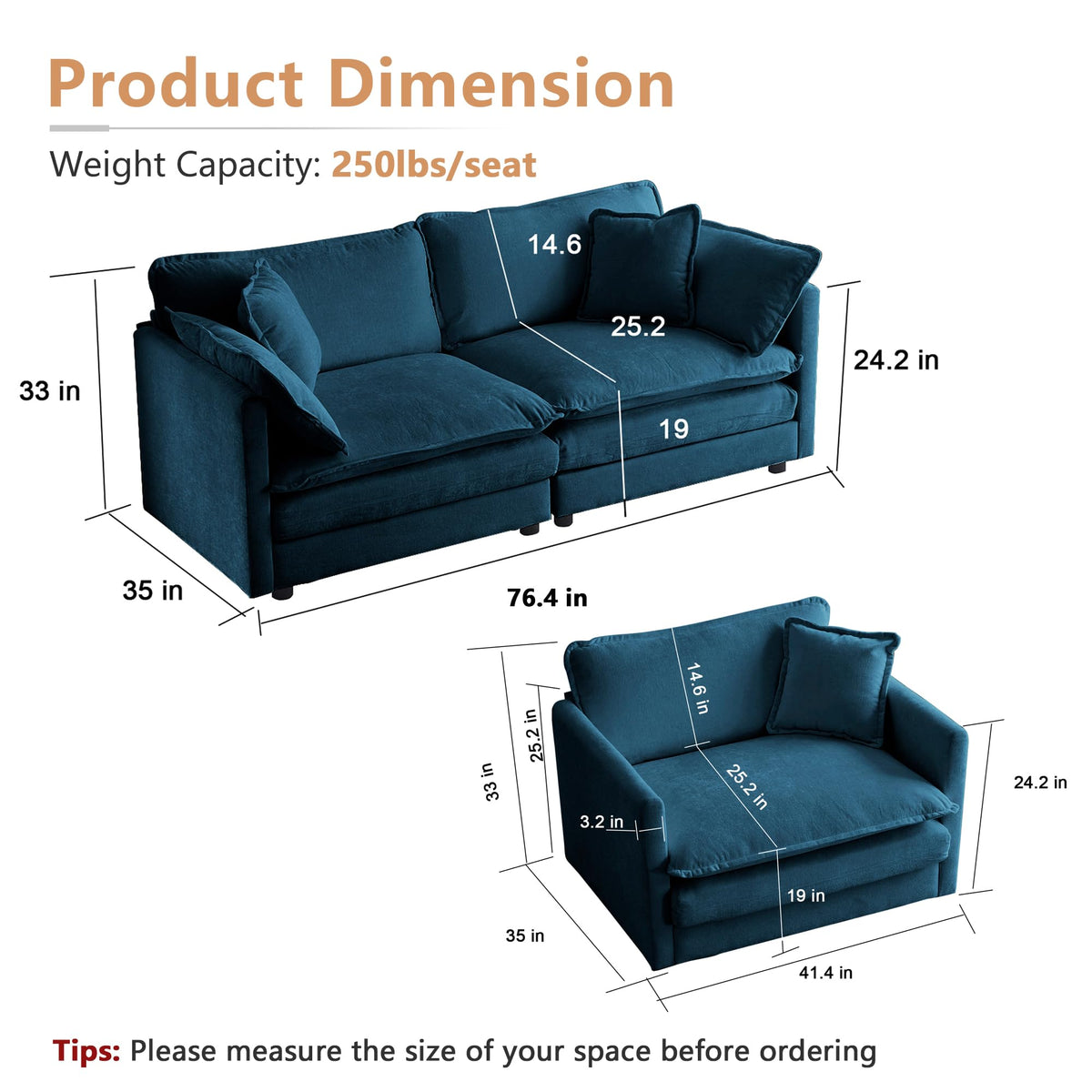 mikibama Luxury 2 Piece Loveseat Couch & Sofa Armchair Set, Modern Upholstered Chenille Cloud Couches Set Furniture with 5 Pillow for Living Room Bedroom Office Apartment, Evergreen