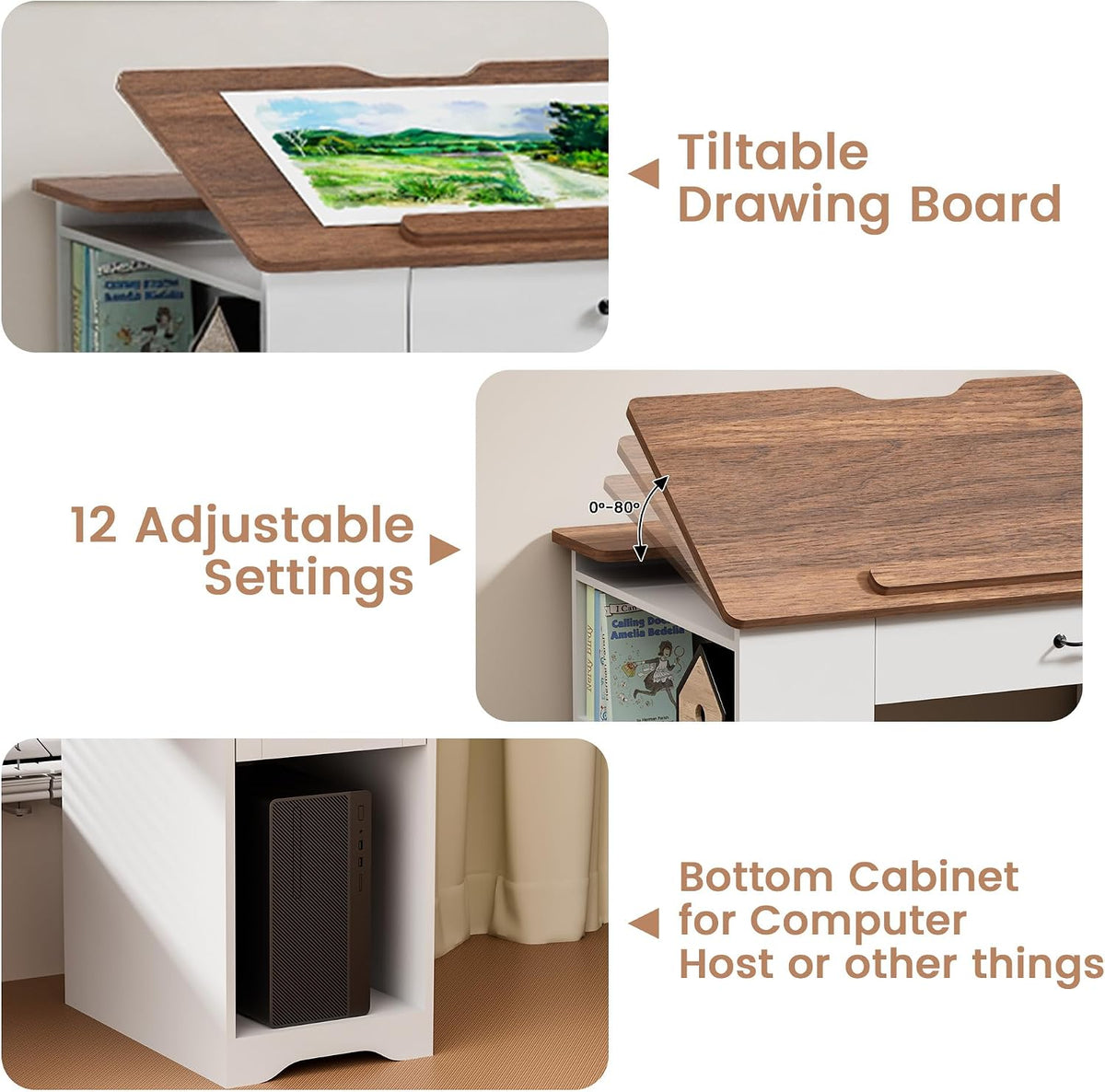 Drafting Table with Storage Cabinet & Drawers, Adjustable Drawing Desk with Open Shelves, Craft Table Painting Desk for Artists, Painters, Drawing, Crafting, Reading, Writing, Working