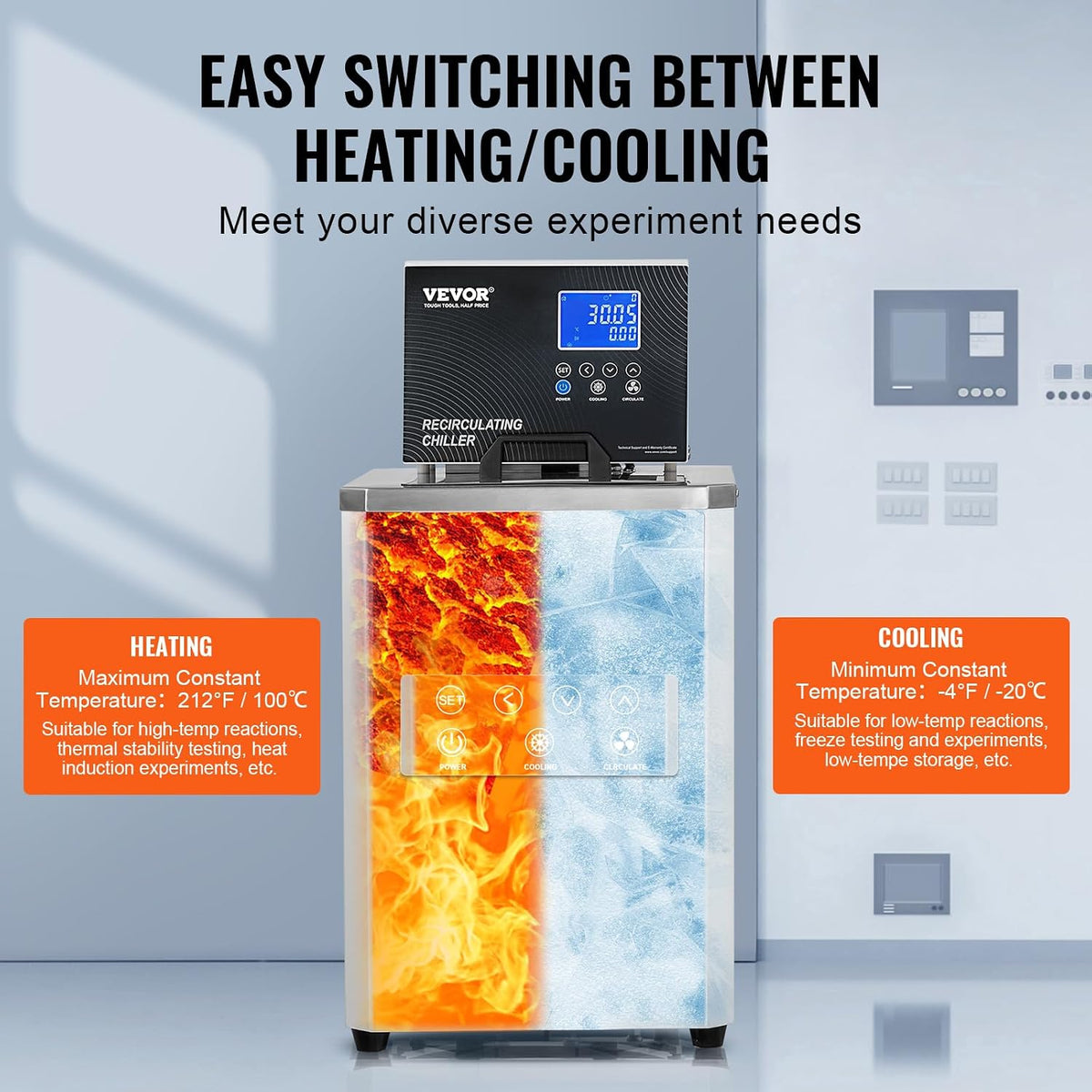 VEVOR Laboratory Chiller Circulator, -20â ~100â Circulator Pump Chiller, 6L Chiller Lab Low Temperature Cooling Liquid, LCD Display, 304 Stainless Steel Water Bath Recirculating Water Cooling