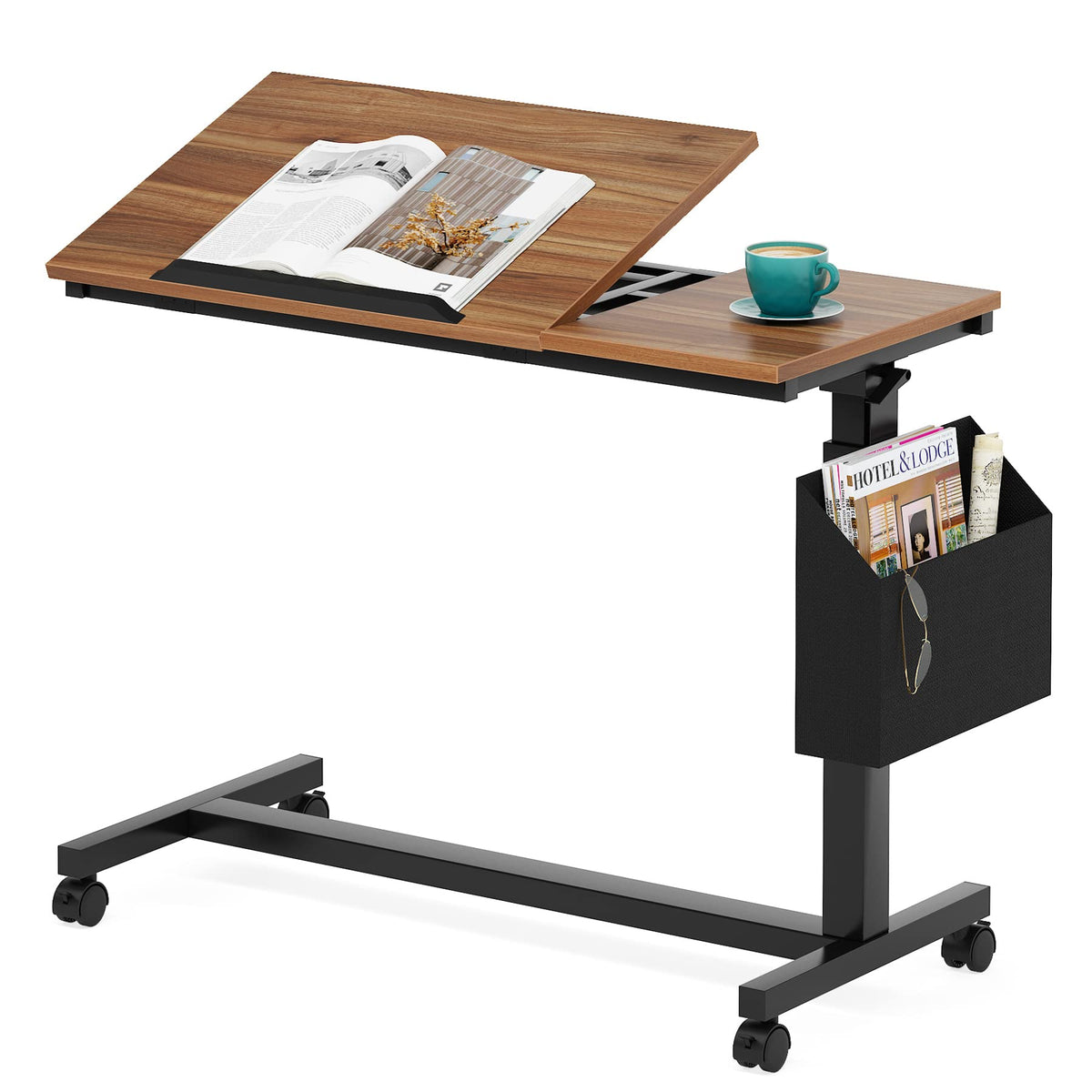 Tribesigns Height Adjustable C Shaped End Table with Wheels and Side Pocket, Mobile Sofa Snack Table with Tiltable Drawing Board, Laptop Side Tray Table for Couch Bed (Rustic Brown)
