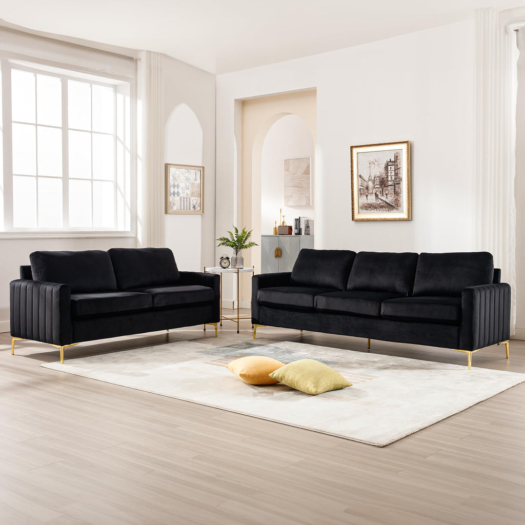 2 Piece Sofa and Loveseat Set, Comfy Tufted Velvet Couch and Loveseat Sets Furniture with Gold Leg, Mid Century Modern Couch Soft Upholstered Sofa Set of 2 for Living Room Bedroom Office (Navy Blue)