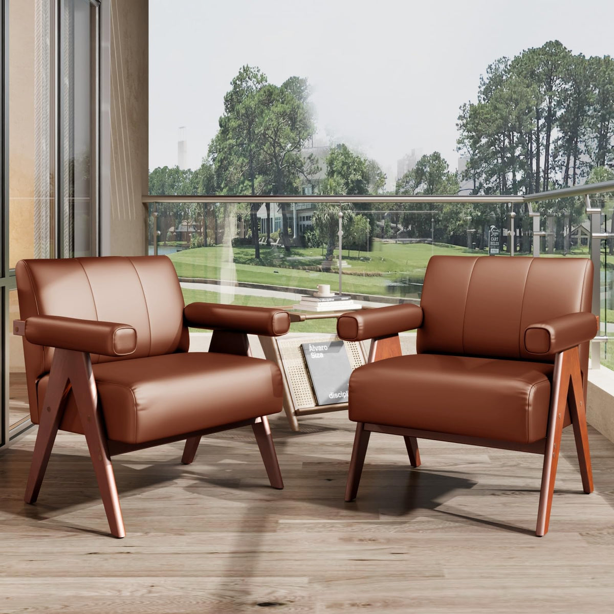 STHOUYN Faux Leather Accent Chairs Set of 2, Wooden Arm Chairs (Black)