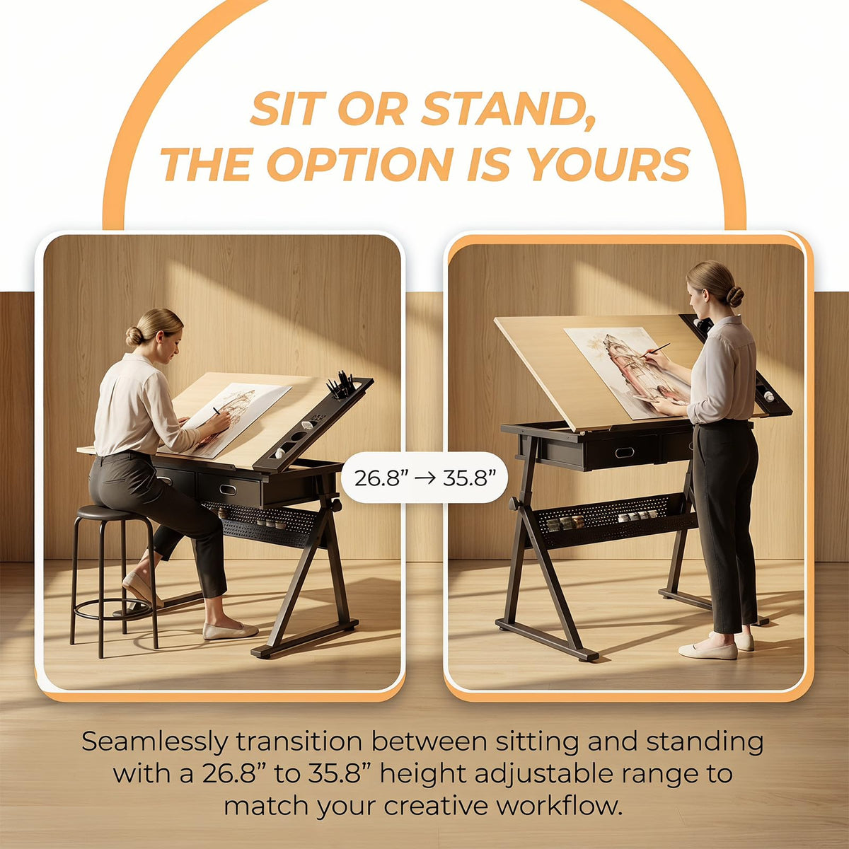 Height Adjustable Drafting Table Drawing Table Artist Desk Tilting Tabletop Art Craft Desk with 2 Storage Drawers and Stool, Art Craft Desk for Artist Painters Drawing Painting (All White)