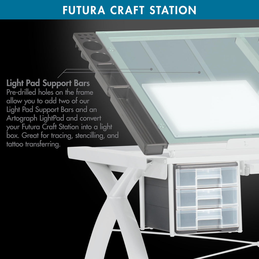 SD Studio Designs 10096 Futura Station with Folding Shelf Top Adjustable Drafting Craft Drawing Hobby Table Writing Studio Desk with Drawer, 35.5'' W x 23.75'' D, White/Clear Glass