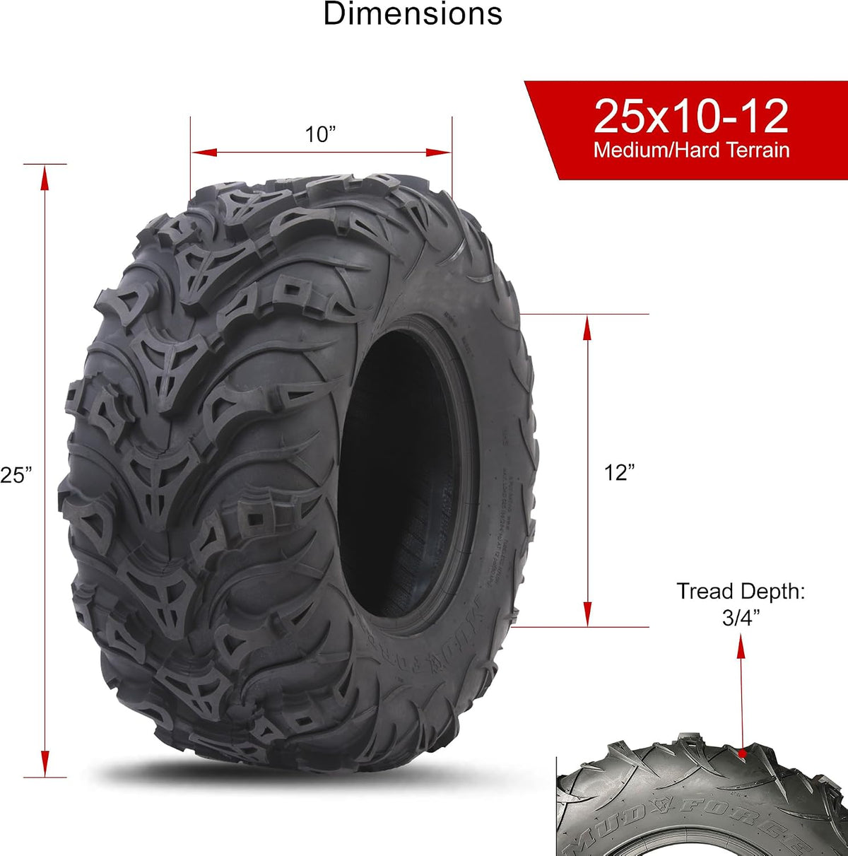 Tusk Mud Force ATV Tire Set â 25x8-12 Front & 25x10-12 Rear â Durable Off-Road Quad Tires Set of 4