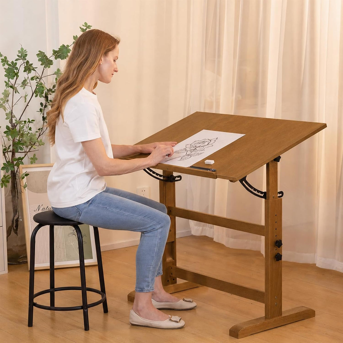 Falling in Art 30" x 42" Wooden Drafting Table and Stool Set, Walnut