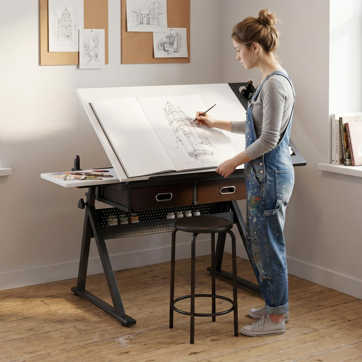 Height Adjustable Drafting Table Drawing Table Artist Desk Tilting Tabletop Art Craft Desk with 2 Storage Drawers and Stool, Art Craft Desk for Artist Painters Drawing Painting (All White)