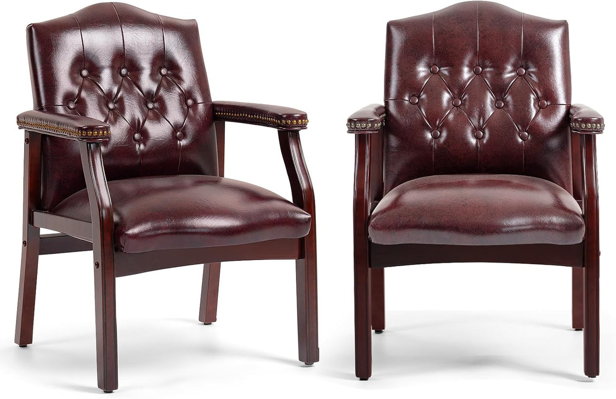 Leather Office Guest Chairs Set of 2, Ergonomic Waiting Room Chair with Arms Reception Chairs No Wheels Conference & Meeting Side Chairs Executive Furniture (Burgundy)