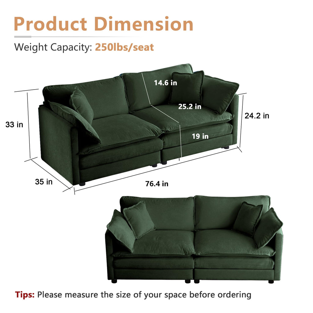 mikibama Luxury 2 Piece Loveseat Couch & Sofa Armchair Set, Modern Upholstered Chenille Cloud Couches Set Furniture with 5 Pillow for Living Room Bedroom Office Apartment, Evergreen