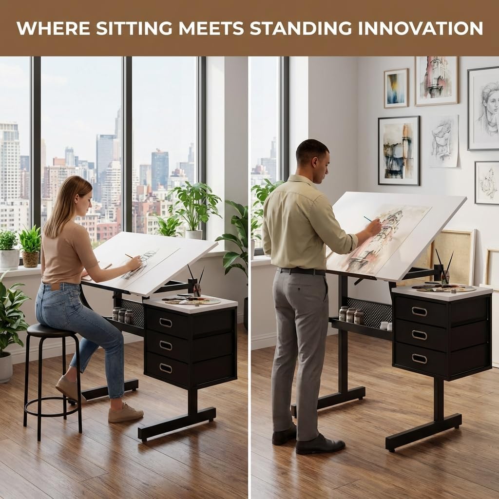 Drafting Table with Storage, Adjustable Art Desk & Art Table with Stool, 0-75Â° Tilting Top, 3 Drawers for Diamond Painting, Architecture, Animation, Office (Adults & Teens) (White)
