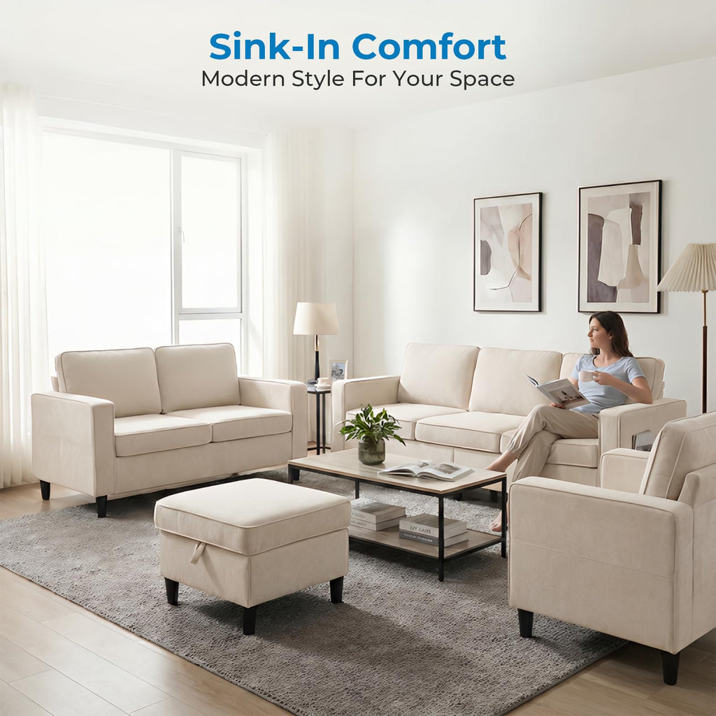 Mjkone 78"W 3 Pieces Sofa Couches Set for Living Room Sets Furniture, Sectional L Shaped 3-Seater Small Sofas Couch and Loveseat Sets with Storage Ottoman and Side Pockets for Home Office, Light Gray