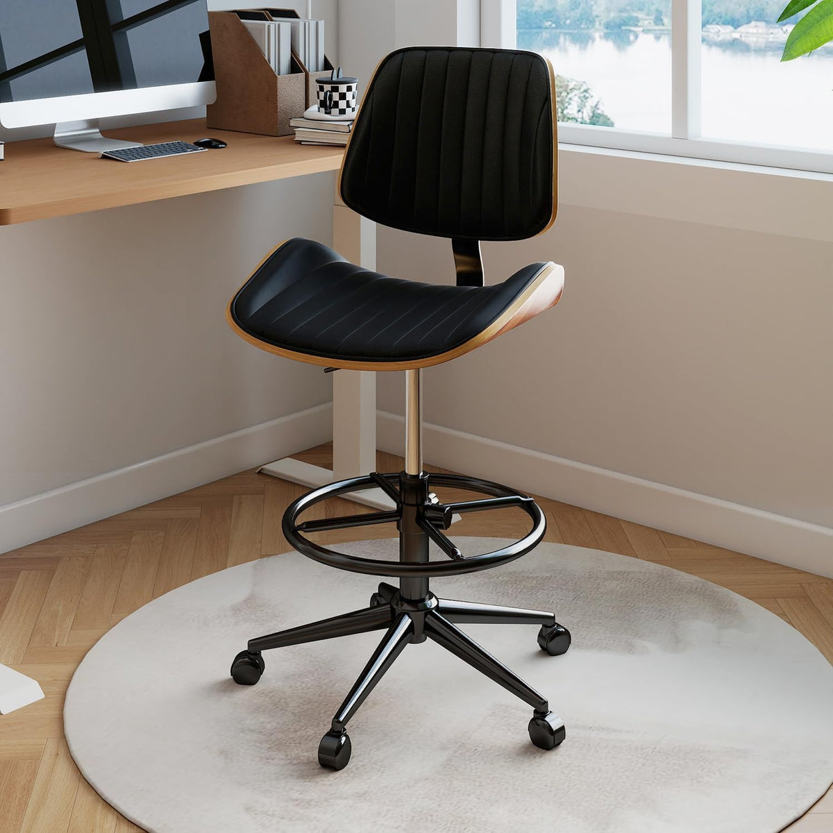 Drafting Chair, Ergonomic Office Chair with Walnut Wood Back Support, Armless PU Leather Desk Chair with Height-Adjustable, Thick Cushion for Home Office, Drafting, Art Studio (Black)
