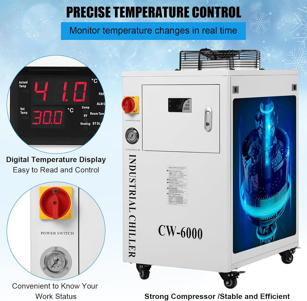 15L Industrial Water Chiller CW-6000 with Advanced Dual-Port Cooling System, High-Flow 0.73HP Pump, Precision Dual-Mode Temperature Control, for 60W-150W CO2 Laser Engraving & Cutting Machines